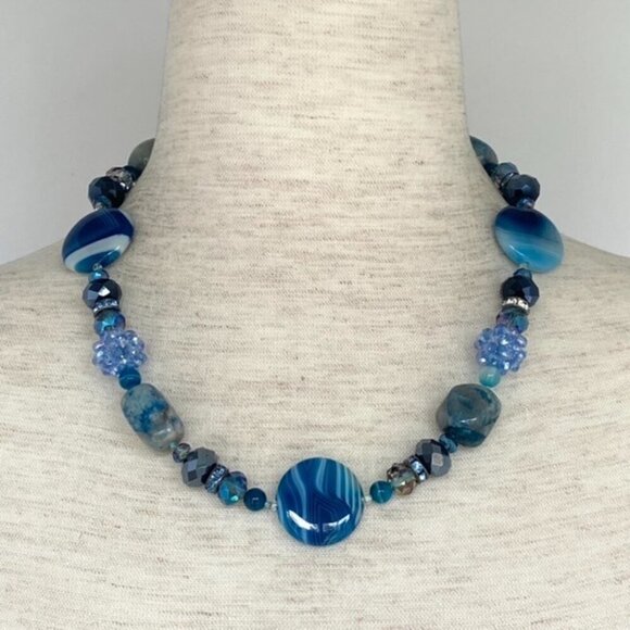 Sterling Silver 925 Blue Dyed Banded Agate & Chrysocolla Quartz Beaded Necklace - Picture 1 of 16